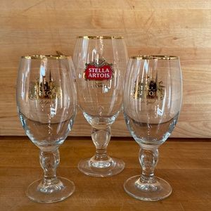 3 Stella Artois Gold Rimmed Chalice Glasses